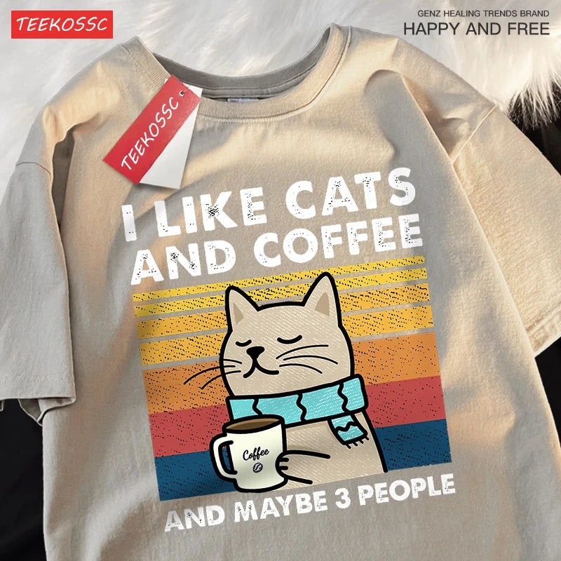 I Like Cats And Coffee Men Women T-Shirt Cotton Tee Clothes Hip Hop Loose Tshirt Fashion Crewneck T-Shirt Streetwear Couple - Live Store 4U