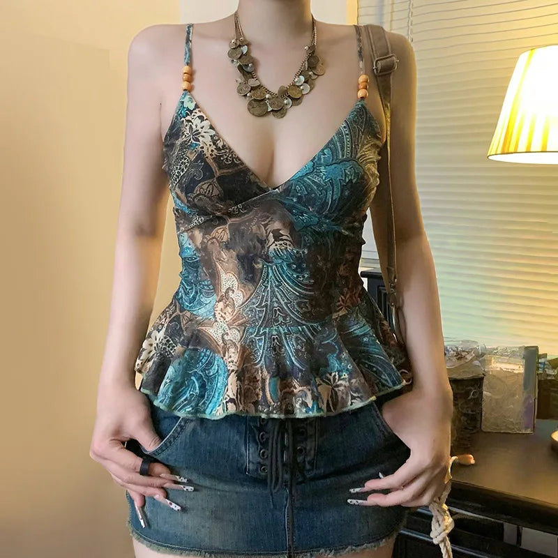 Sexy Strap Vintage Tank Tops Fashion Women Patchwork Y2K Deep V-Neck Beading Sleeveless Crop Top Casual Streetwear Retro Clothes