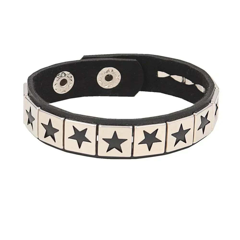Punk Hip Hop Rock PU Leather Bracelet Unisex Trendy Chain Skull Pentagram Rivet Bracelet Party Jewelry Accessories - Live Store 4U