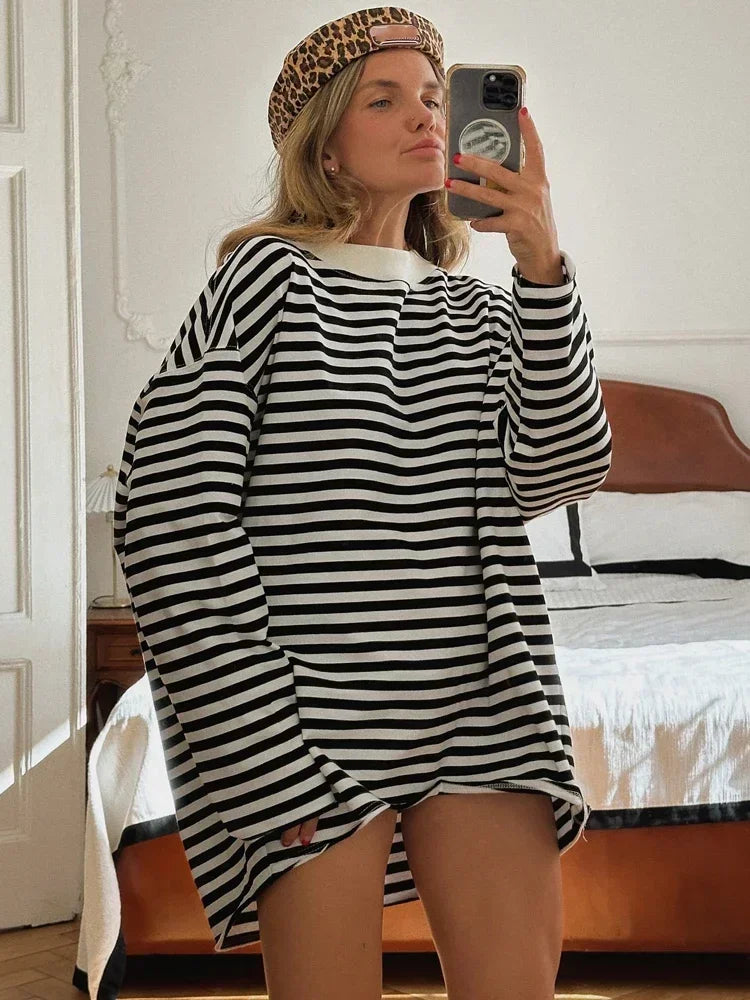Women's Striped T-shirt 95% Cotton Oversized Black and White Casual Basic Long Sleeve Top Vintage  Casual T-shirts for Women