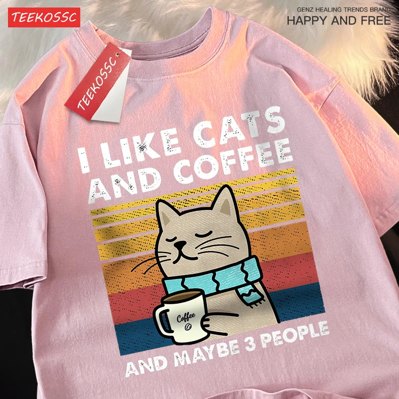 I Like Cats And Coffee Men Women T-Shirt Cotton Tee Clothes Hip Hop Loose Tshirt Fashion Crewneck T-Shirt Streetwear Couple - Live Store 4U
