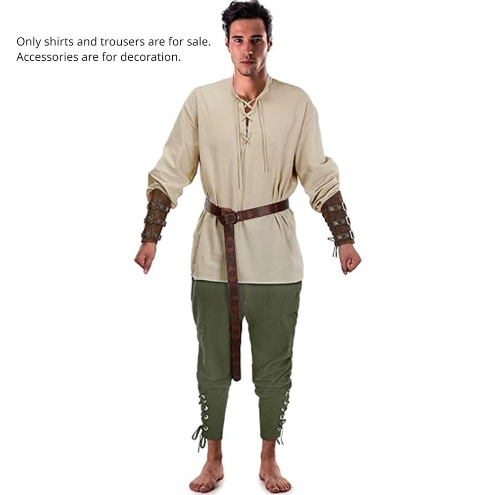 2Pcs Men's Medieval Knight Costume Set Renaissance Cosplay Pirate Shirts Ankle Banded Pants For Halloween Cotton Linen Fabric - Live Store 4U