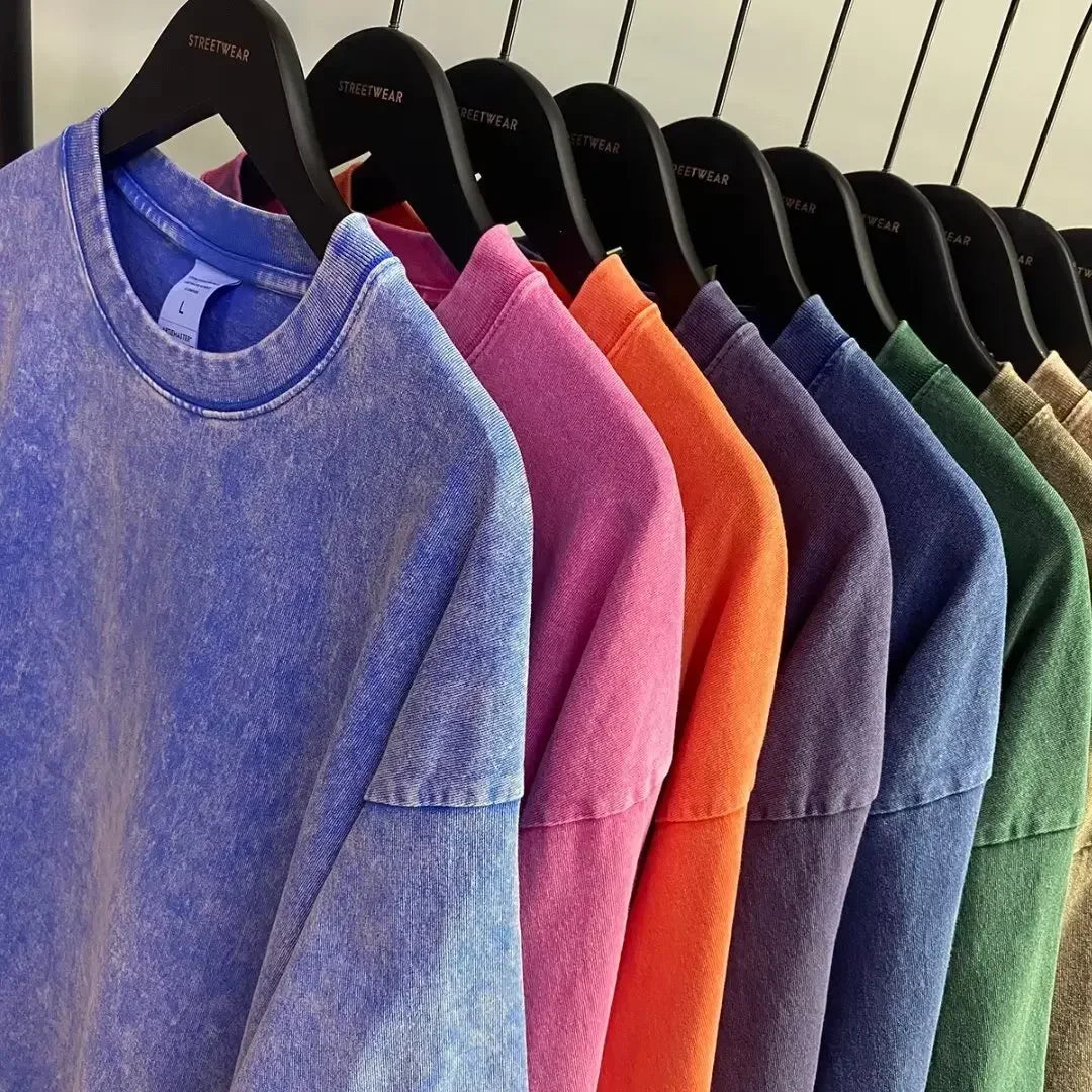 American Style Retro Heavyweight Solid Color Short Sleeved T-shirt Men Women Summer Street Trendy Washed Old Oversized Clothes - Live Store 4U