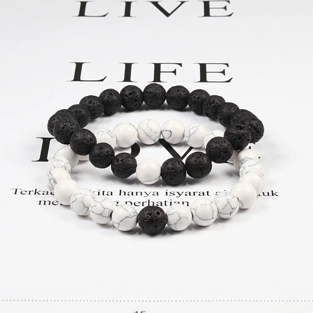 Set Bracelet Couples Distance Black White Natural Lava Stone Tiger Eye Beaded Yoga Bracelets for Men Women Elastic Rope Jewelry - Live Store 4U