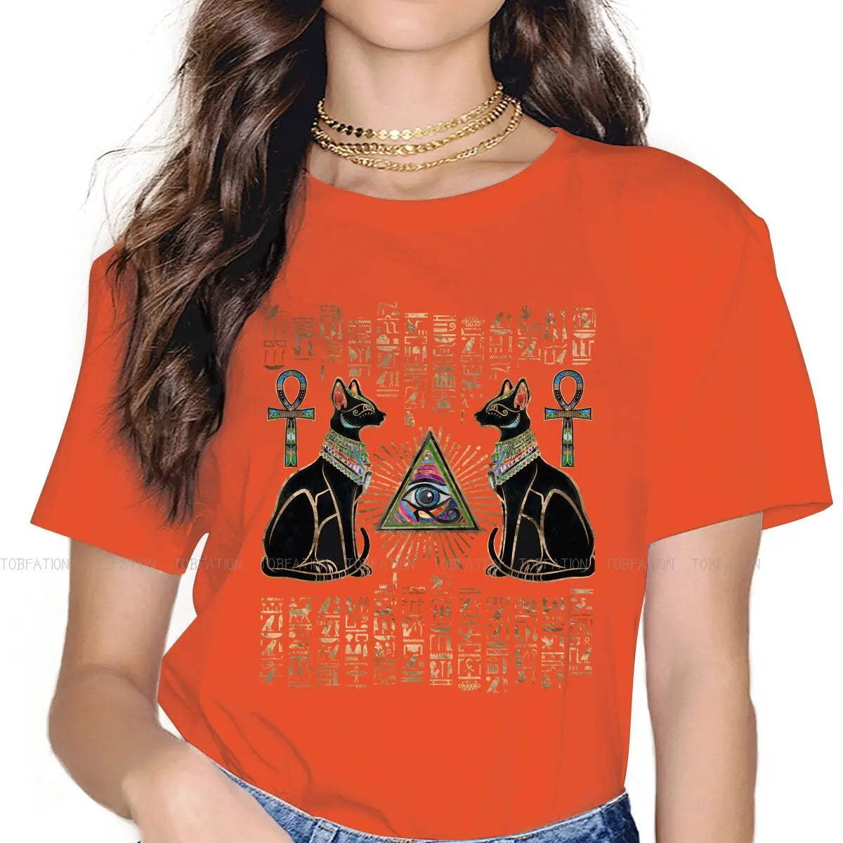 Cat Essential Women Shirts Ancient Egypt Egyptian Korean StyleT-shirt Kawaii 100% Cotton Female Clothing
