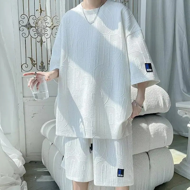 2025 3D Men's new Waffle TZ30 Summer Suit  Casual T-shirt + Shorts Suit Men's Tracksuit Solid color tracksuit loose suit - Live Store 4U