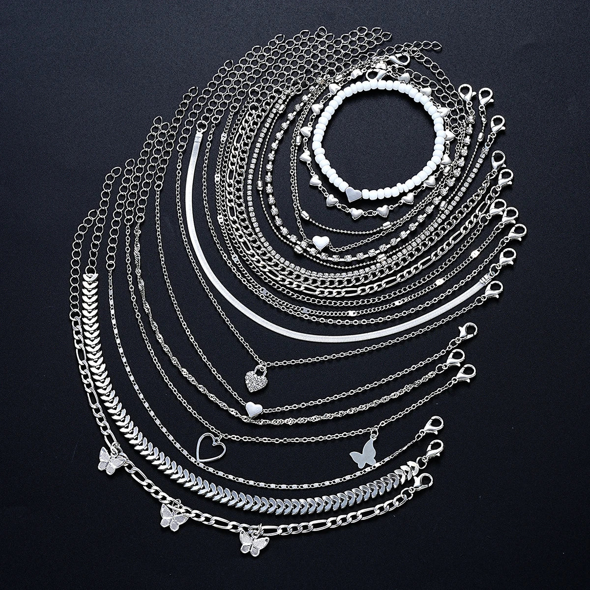 19Pcs/Set New Design Silver Color Anklet Sets for Women Fashion Pearl Butterfly Heart Crystal Foot Chain Versatile Daily Jewelry - Live Store 4U