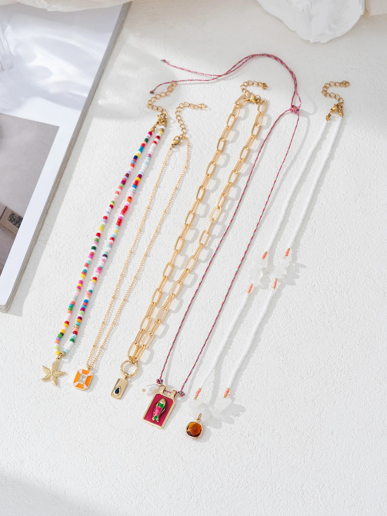 5PCS Charm Bohemian Sea Star Pendant Irregular Gravel Beads Clavicle Chain Women's Necklace Holiday Jewelery Accessories