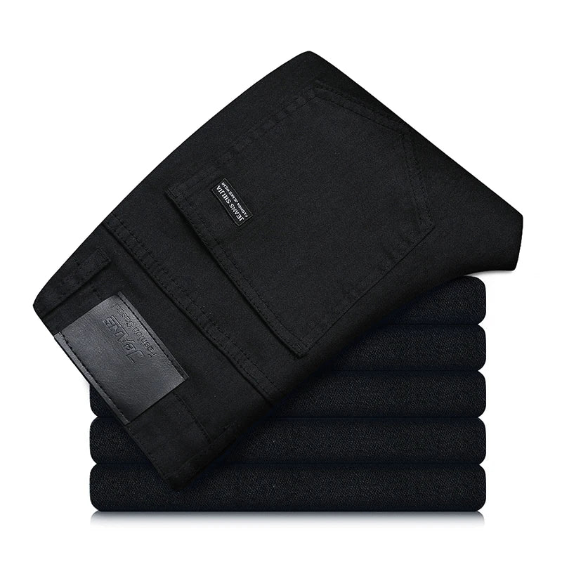 Men's pure black jeans Korean version trendy straight fit pants men's comfortable and elastic classic business jeans - Live Store 4U