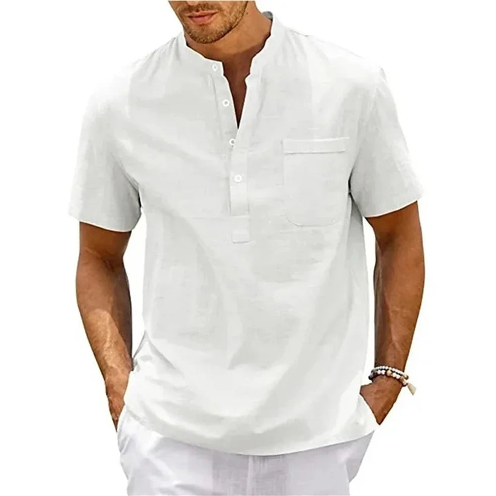 Cotton Linen Shirt Men Henley Neck Pocket Casual Beach Short Sleeve Solid Color Male Tops T-shirts Vintage Streetwear - Live Store 4U