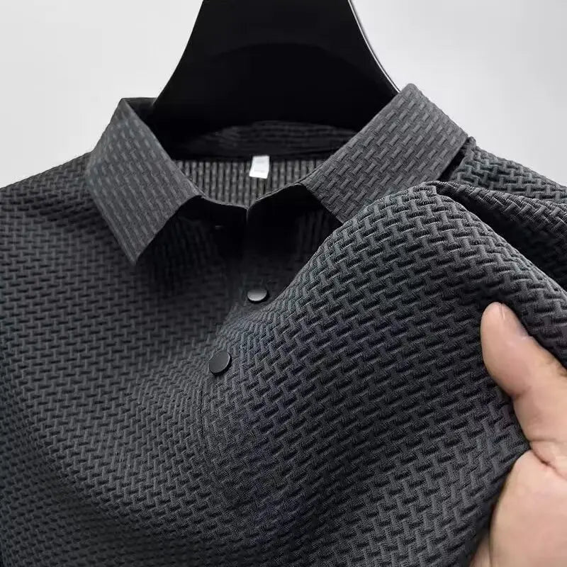 Summer New Men's Lop-up Hollow Short-sleeved Polo Tee Shirt Ice Silk Breathable Business Fashion T-Shirt Male Brand Clothes - Live Store 4U