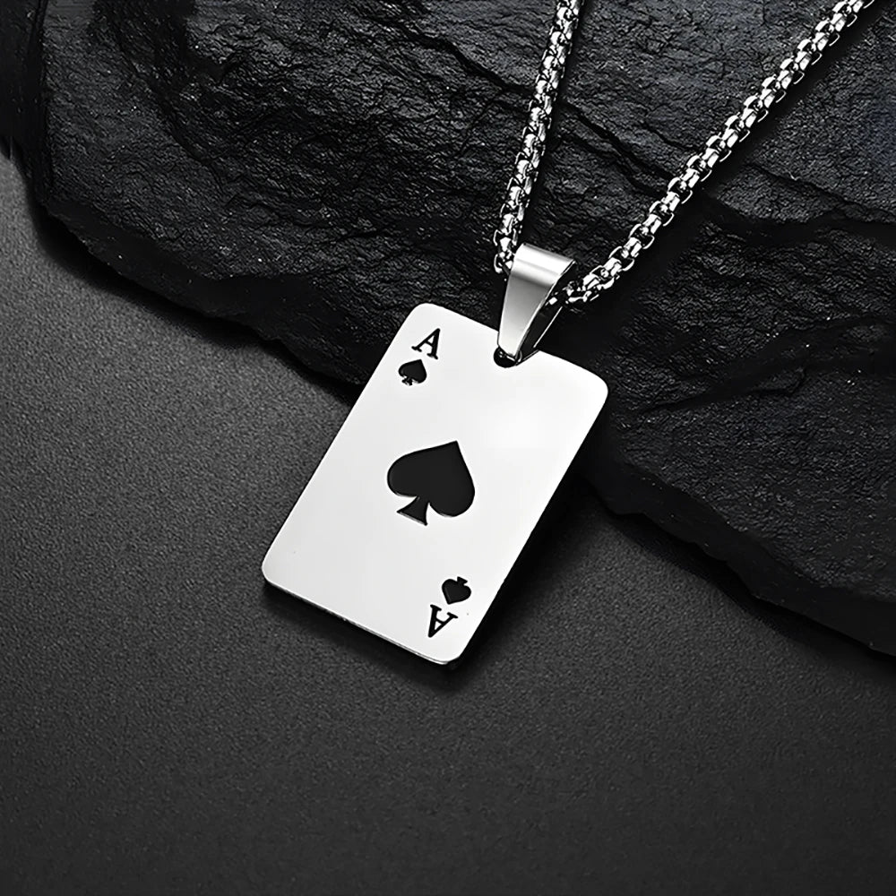 Hip Hop Stainless Steel Poker Card Ace of Spades Necklace For Men Pendant Chain Playing Cards Jewelry Ace of Hearts Necklaces - Live Store 4U