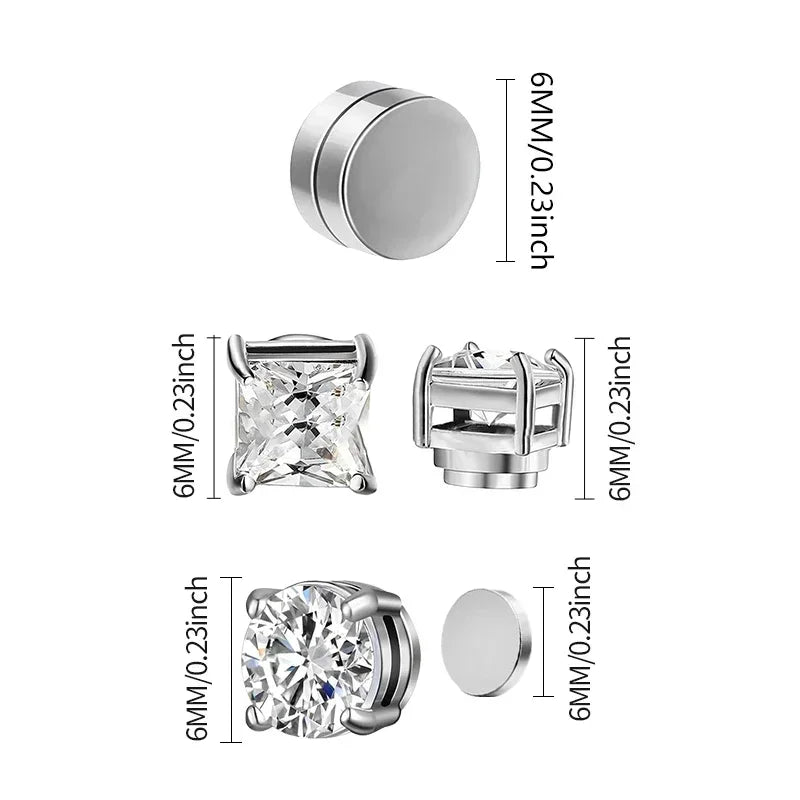 1/3Pairs 6MM Crystal Magnetic No-Pierce Stainless Steel Stud Earrings for Men Punk Zircon Magnet Earrings Non Piercing Jewelry - Live Store 4U