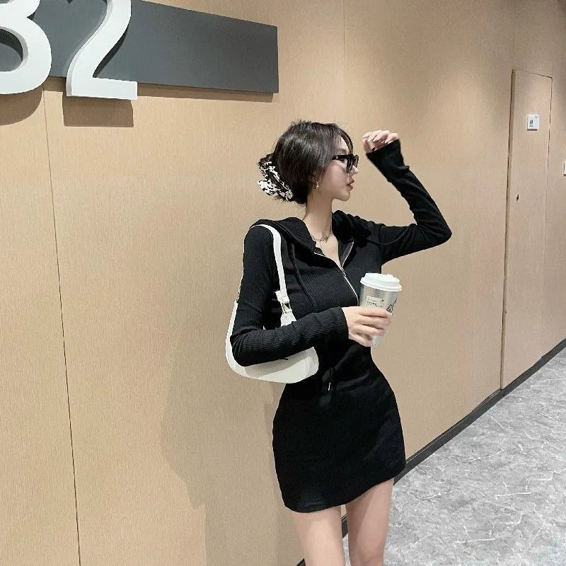 Hooded Corset Dresses for Women Tight on Sales One-piece Clothes Thic Casual Youth Beach Trendy Bodycon Woman Long Sleeve Dress