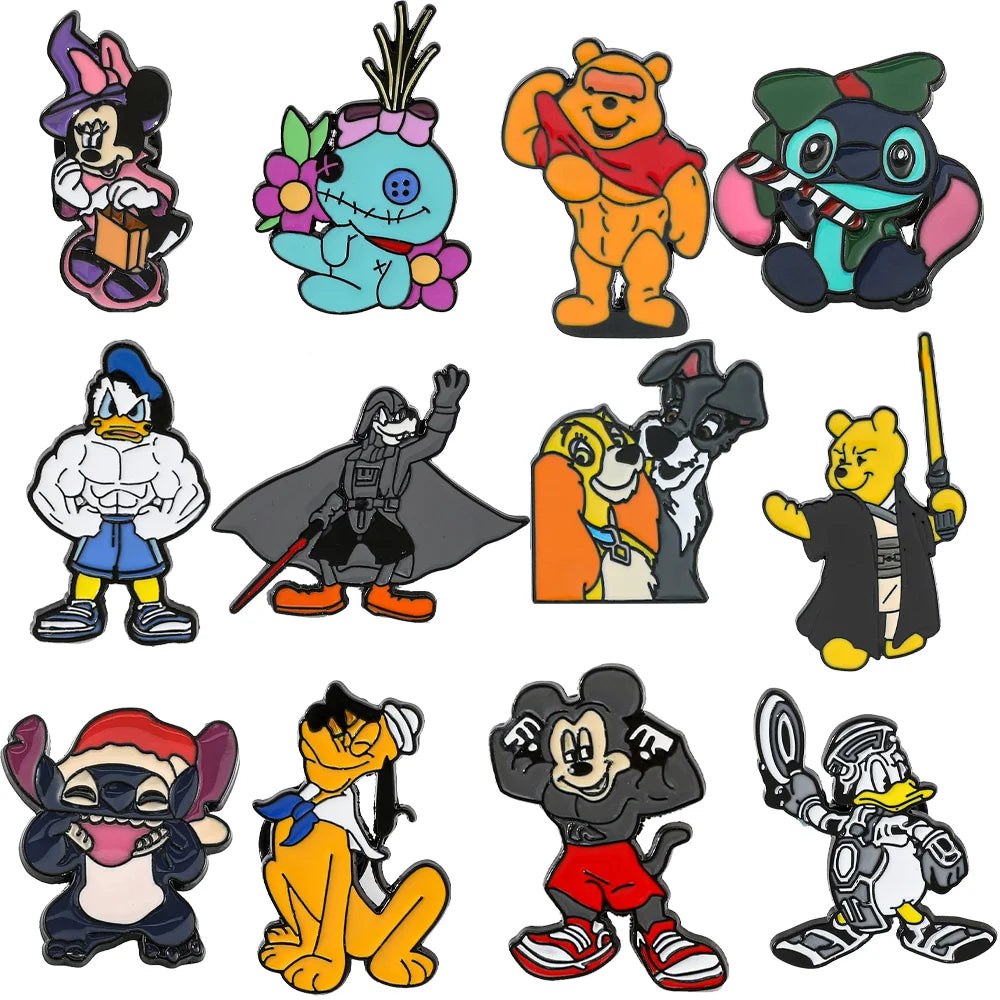 12 Pcs Spoof Cute Character Brooch Donald Duck Pooh Mickey Enamel Pin Backpack Clothing Jewelry Metal Badge Accessories Gift