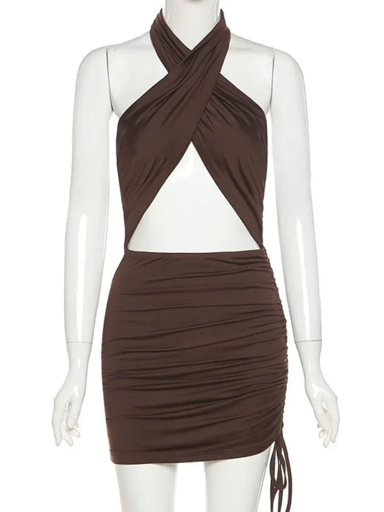Sexy Cross Bandage Wrap Chest Shirring Slim Bodycon Dress Women Backless Sleeveless Mini Dress Elegant Club Party Vestidos
