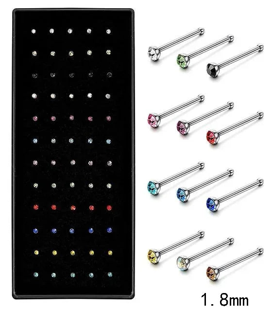 Fashion Crystal Stainless Steel Nose Stud Piercing for Women Hypoallergenic 1.8mm Nose Ring Straight/L/Screw Shaped Body Jewerly