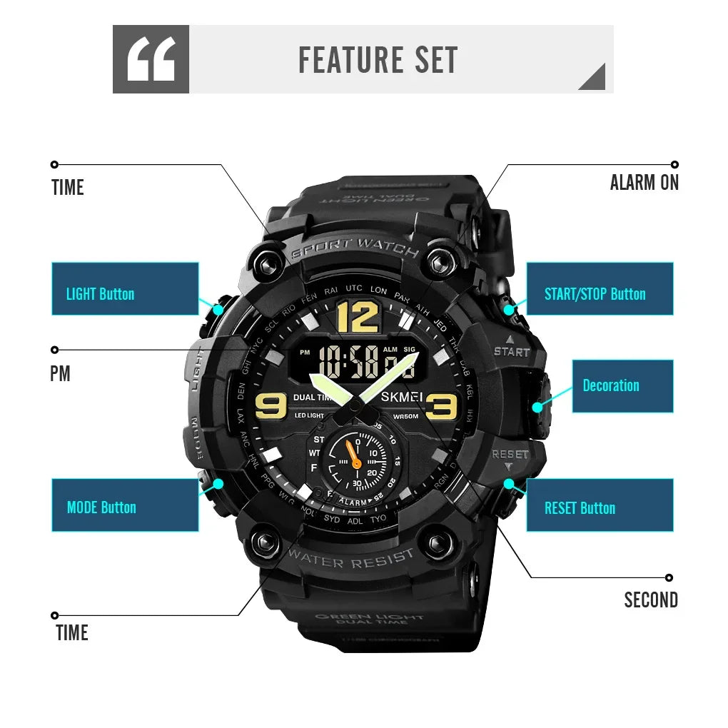 SKMEI 1637 Dual Movement 3 Time Sport Wristwatch Mens Waterproof Electronic Watches montre homme Shockproof Digital Men Watch