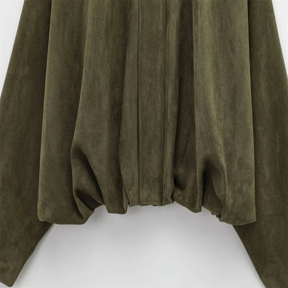 PB&ZA 2025 Women Faux Suede Collared Jacket with Shoulder Straps Loose Fit Stylish Olive Green for Sale on AliExpress