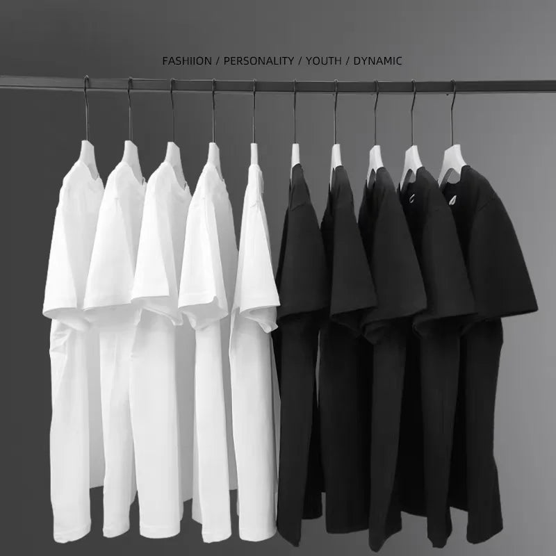 220gsm Heavy Oversized Plain T-Shirt for Men Summer HighQualtity Short Sleeve Tee 100%cotton Solid Color Trendy Casual white Top - Live Store 4U