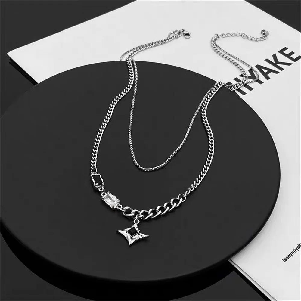 Hip Hop Zircon Star Double Layer Necklace For Men Women Trend Charm Titanium Steel Pendant Chain Unisex Jewelry Wholesale - Live Store 4U