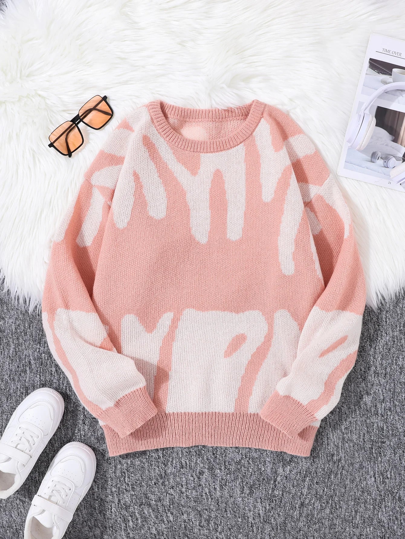 New Popular Autumn Winter Irregular Jacquard Pattern Pullover Sweater Casual Round Neck Contrast Color Knitted Men's Pullover - Live Store 4U