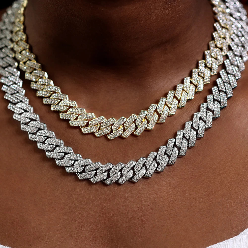 16/18/20/22/24inch Prong Cuban Link Chain for Women Men Iced Out 2 Row Rhinestone Miami Rhombus Hip Hop Cuban Necklaces Jewelry - Live Store 4U